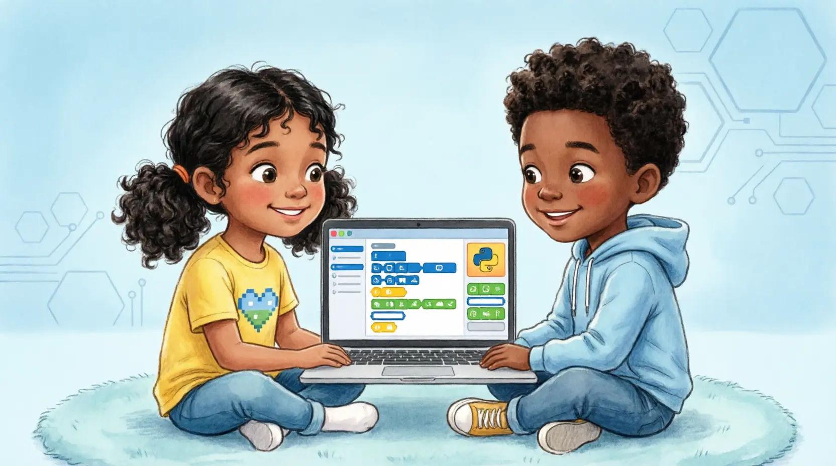 Child learning Python with a mentor